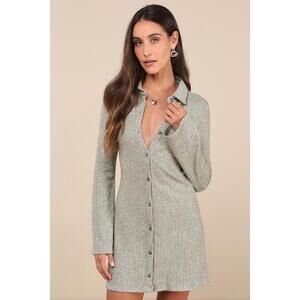 Lulus Cuddly Sweetness Heather Green Button-front Sweater Mini Dress - Size M